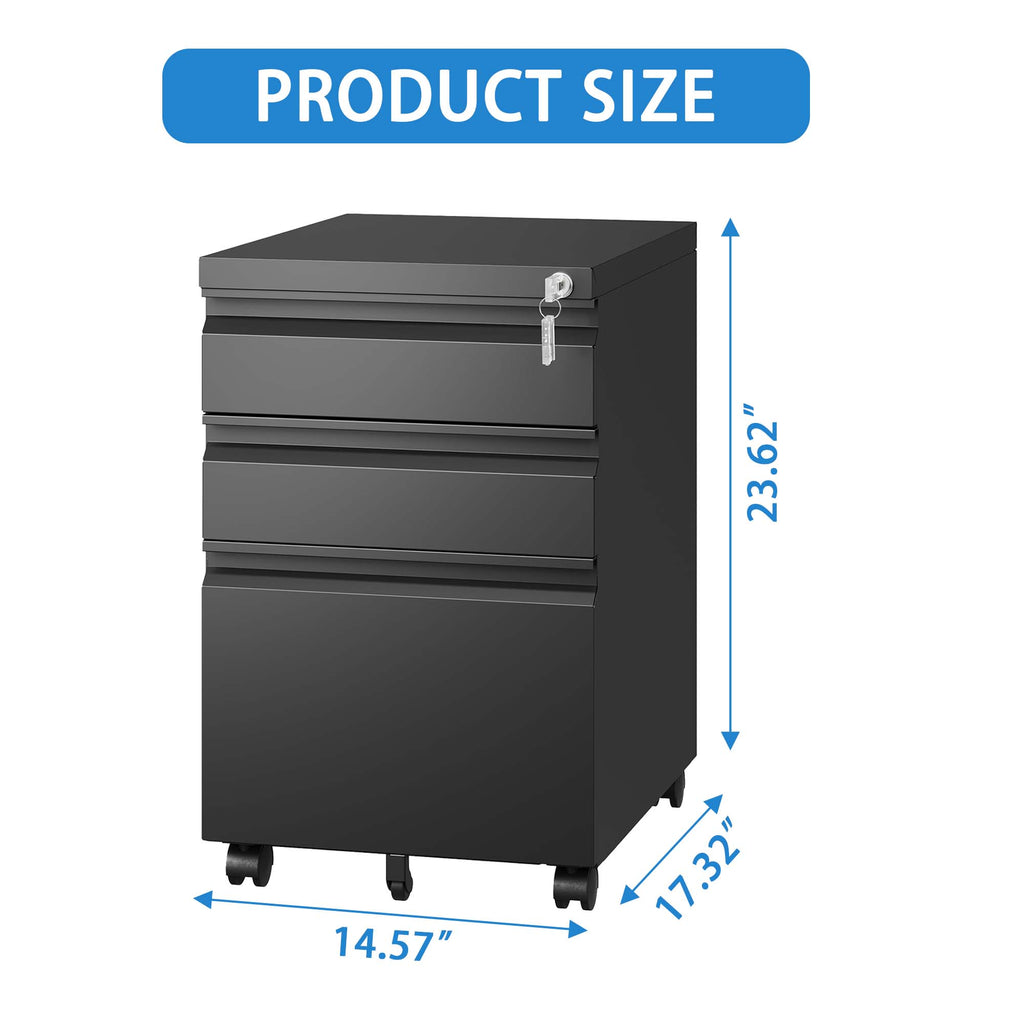 3-Drawer Mobile File Cabinet with Lock, Metal, Black