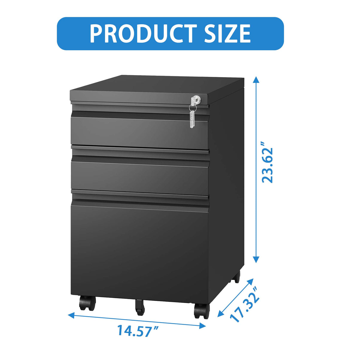 3-Drawer Mobile File Cabinet with Lock, Metal, Black