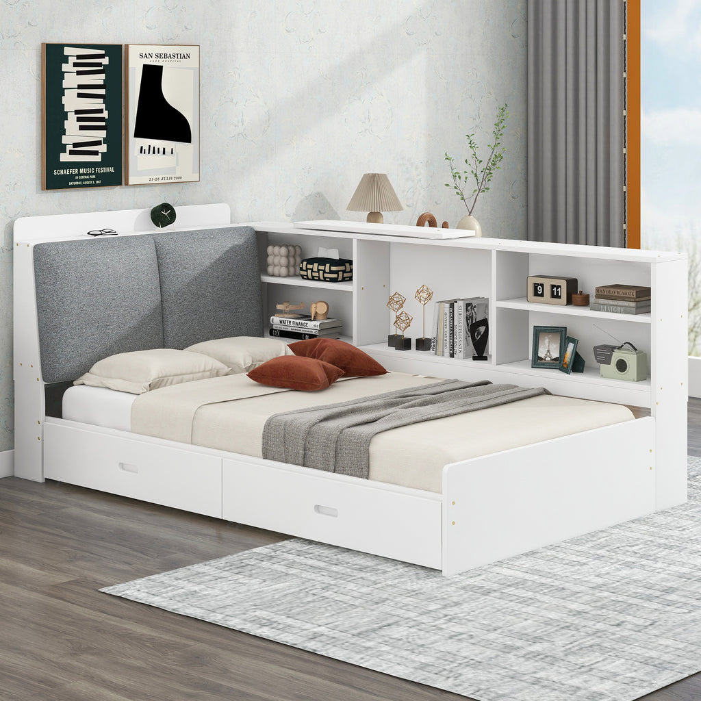 Wood Twin Size Platform Bed with Storage Headboard, Shelves and 2 Drawers