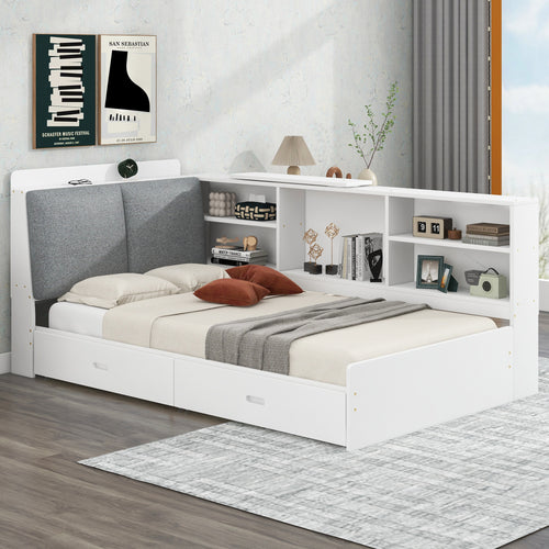 Wood Twin Size Platform Bed with Storage Headboard, Shelves and 2 Drawers