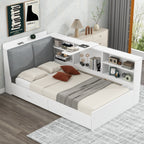 Wood Twin Size Platform Bed with Storage Headboard, Shelves and 2 Drawers