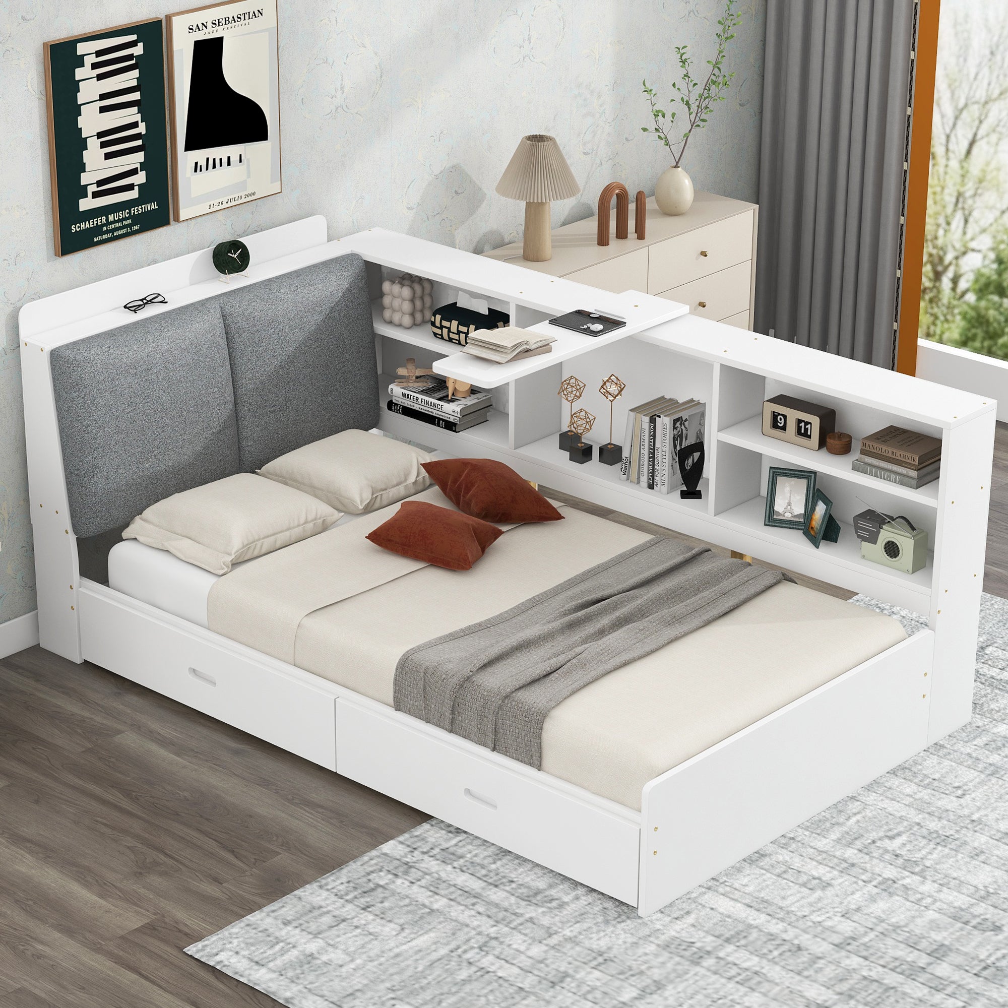 Wood Twin Size Platform Bed with Storage Headboard, Shelves and 2 Drawers