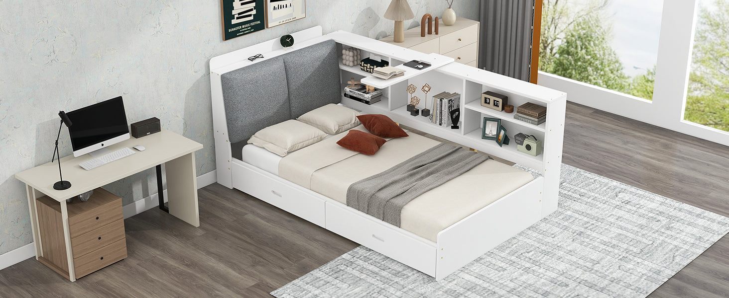 Wood Twin Size Platform Bed with Storage Headboard, Shelves and 2 Drawers