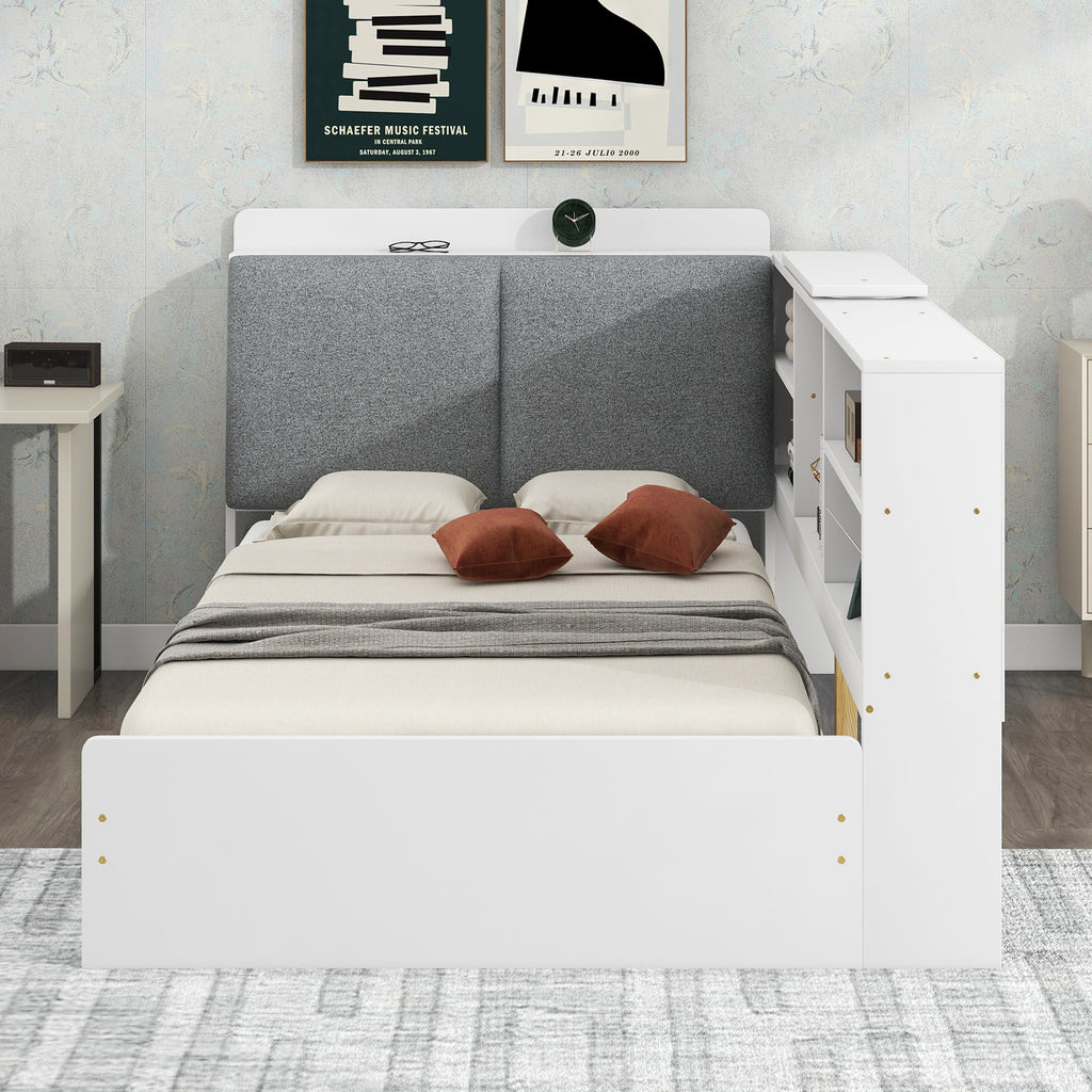 Wood Twin Size Platform Bed with Storage Headboard, Shelves and 2 Drawers