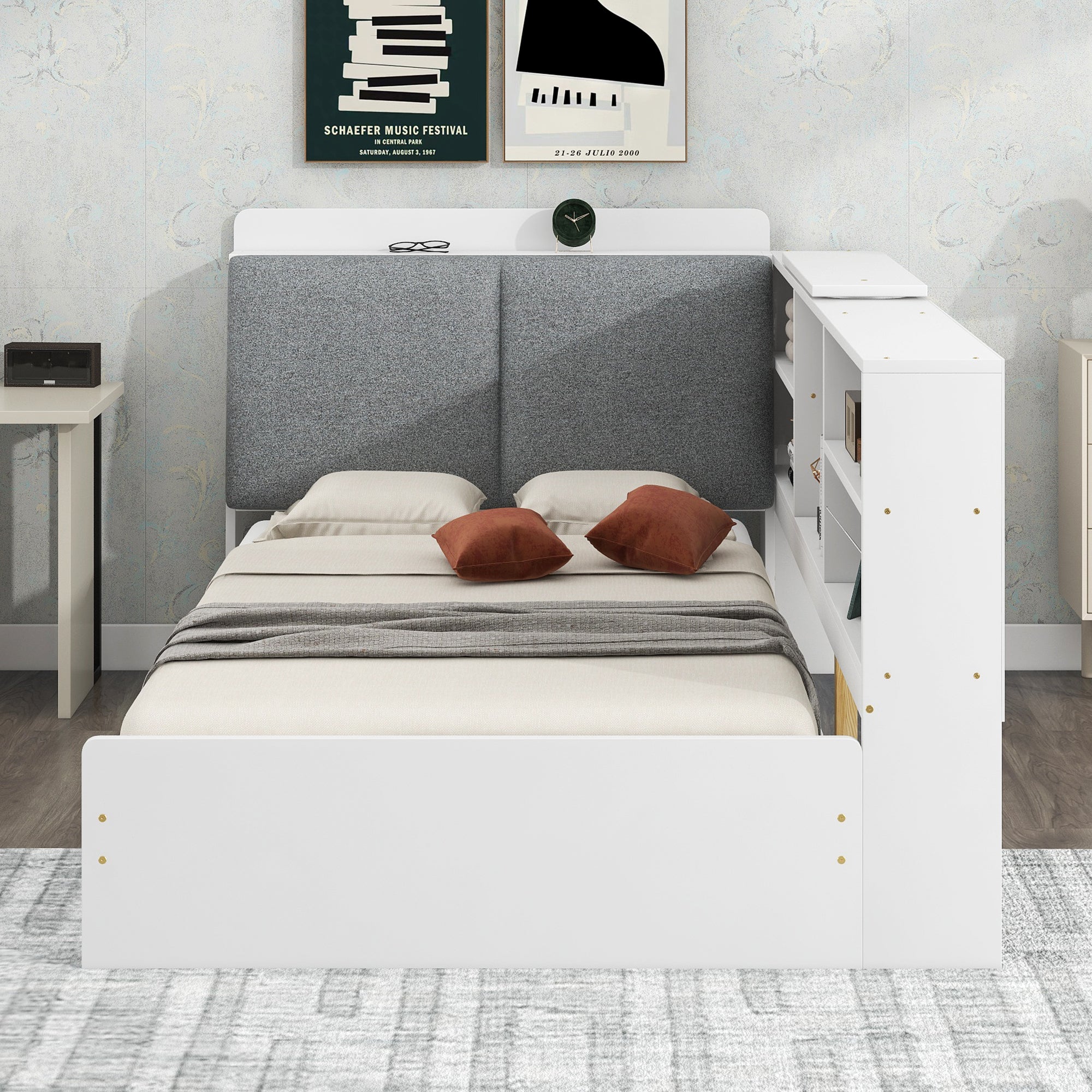 Wood Twin Size Platform Bed with Storage Headboard, Shelves and 2 Drawers