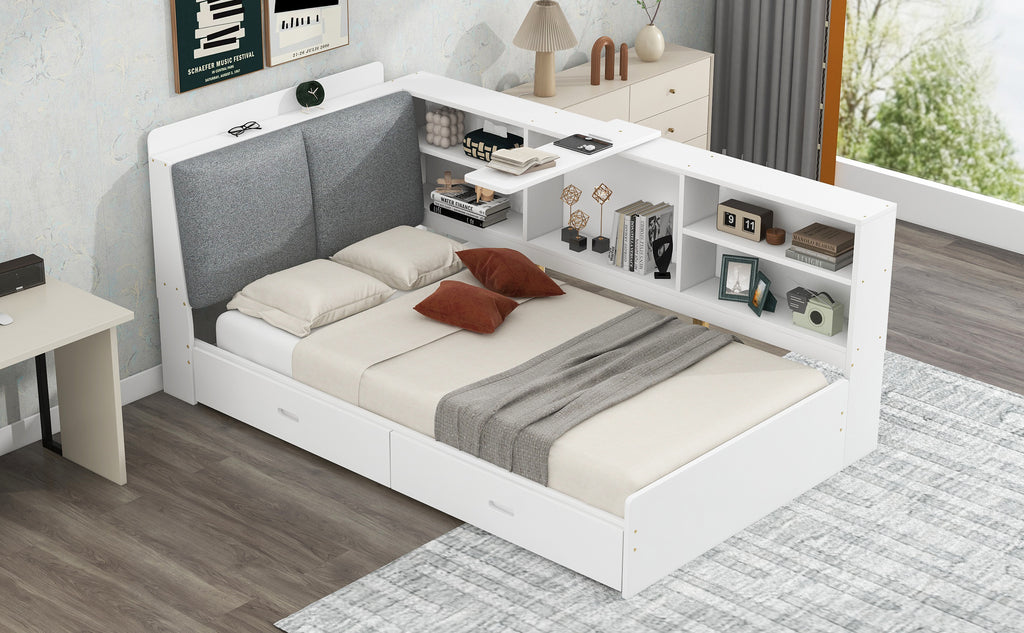 Wood Twin Size Platform Bed with Storage Headboard, Shelves and 2 Drawers