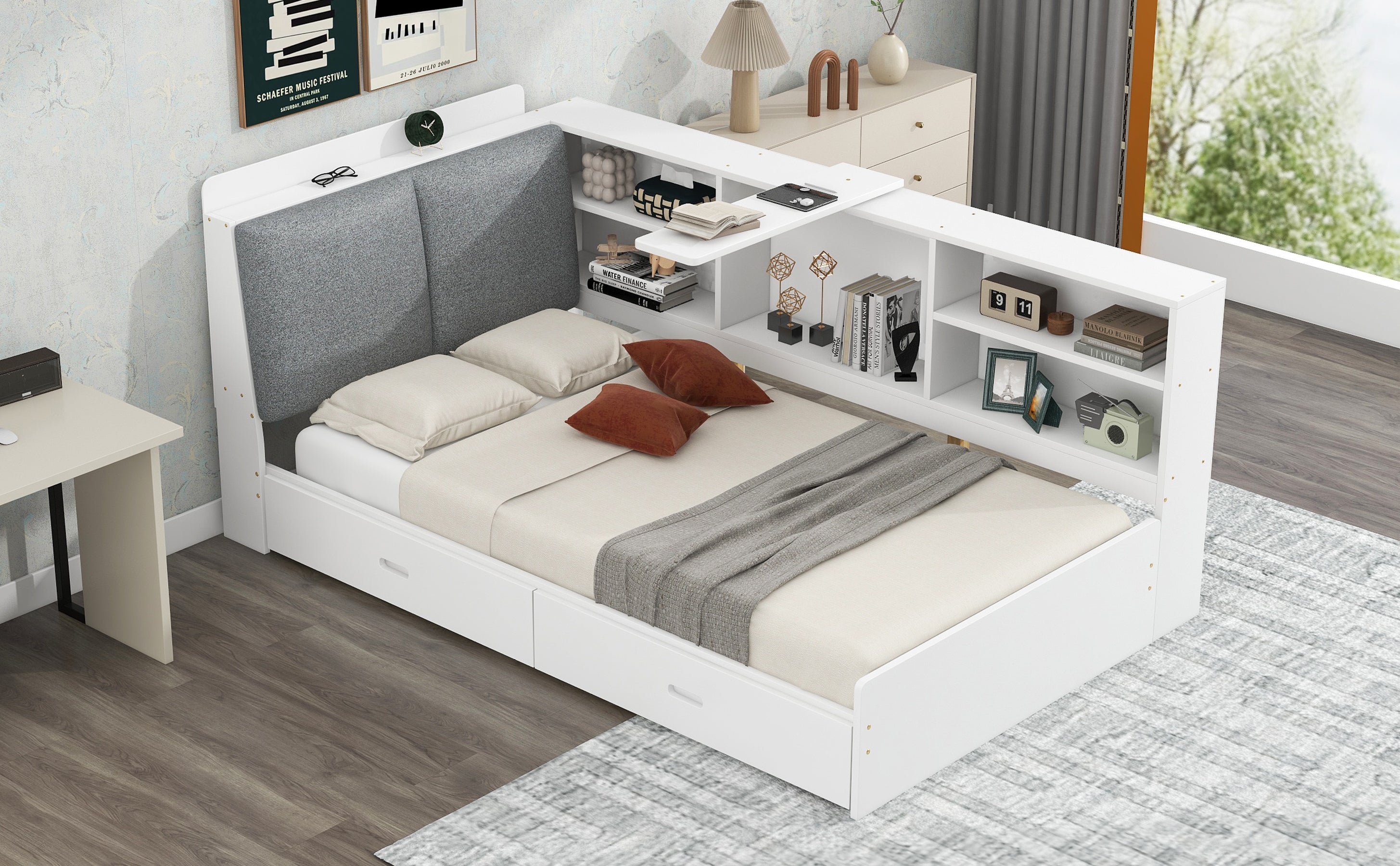 Wood Twin Size Platform Bed with Storage Headboard, Shelves and 2 Drawers