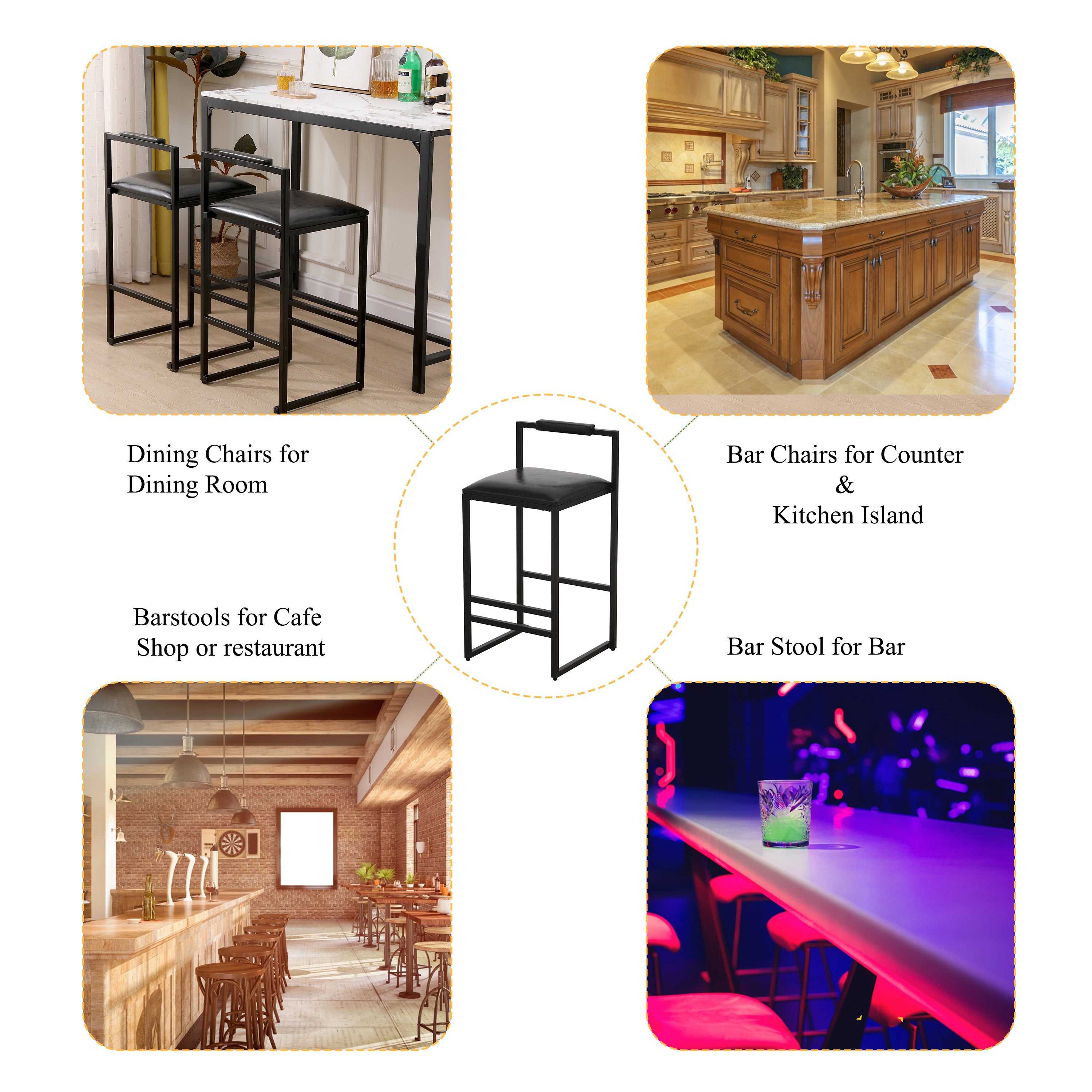 Black Bar Stool with Backrest Set of 2