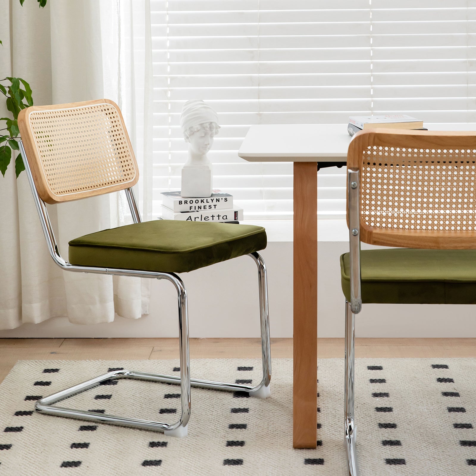 Dining Chairs Set of 2, Velvet Rattan Side Accent Chairs