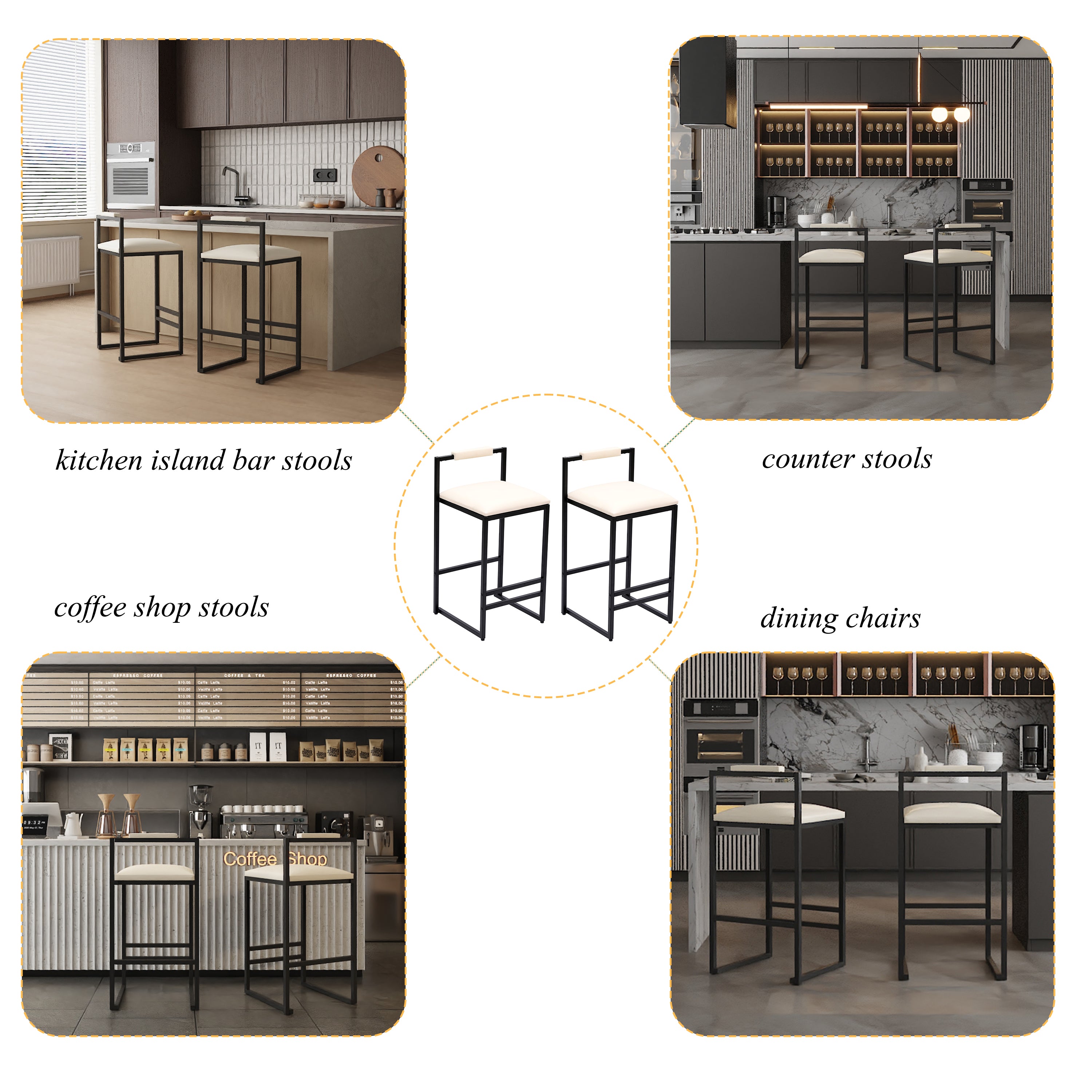 Set of 2 Barstools - Faux Leather Upholstered Modern Metal Frame