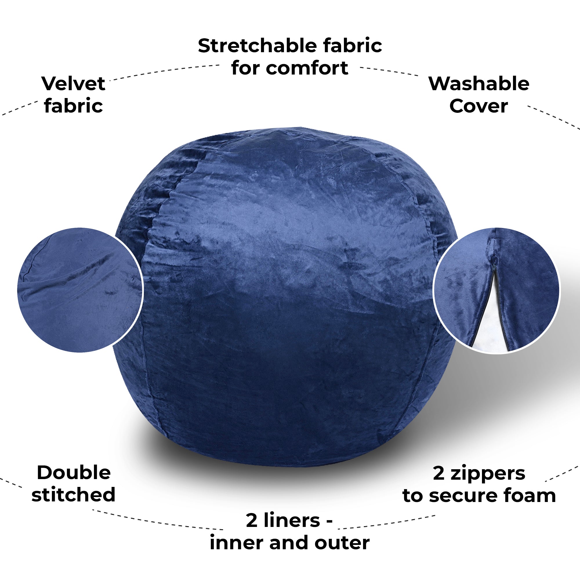 Minky Velvet Bean Bag Chair - Navy 5ft