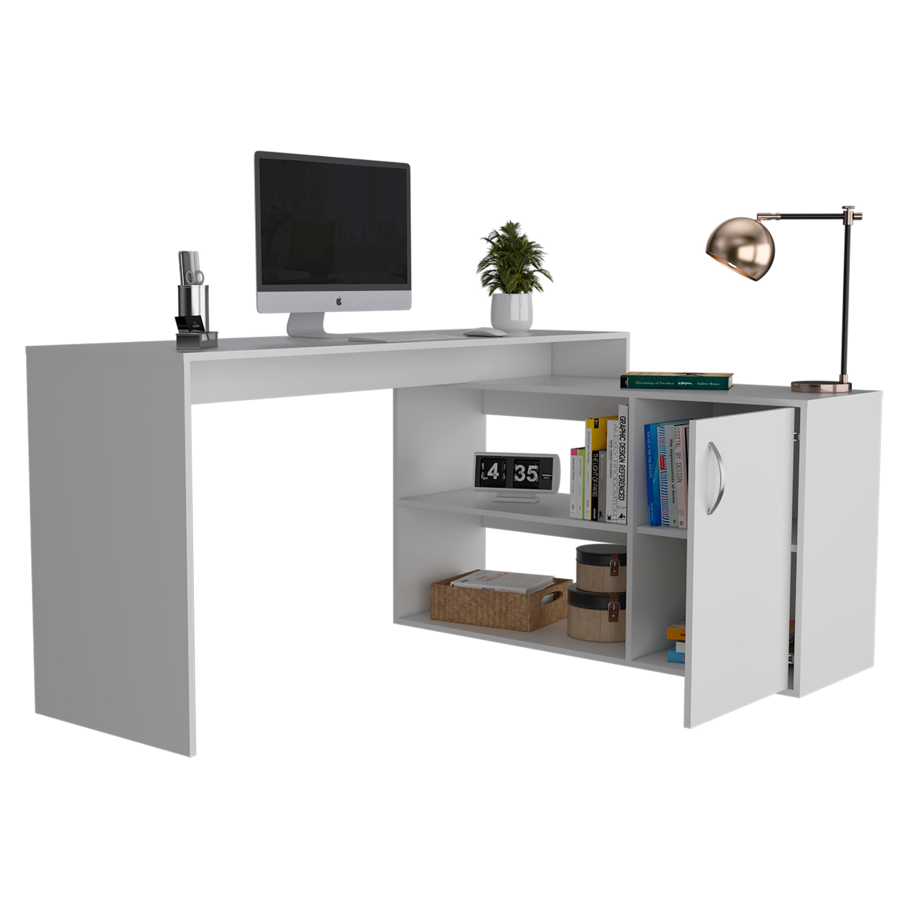 Axis Modern L-Shaped Computer Desk with Open & Closed Storage - White