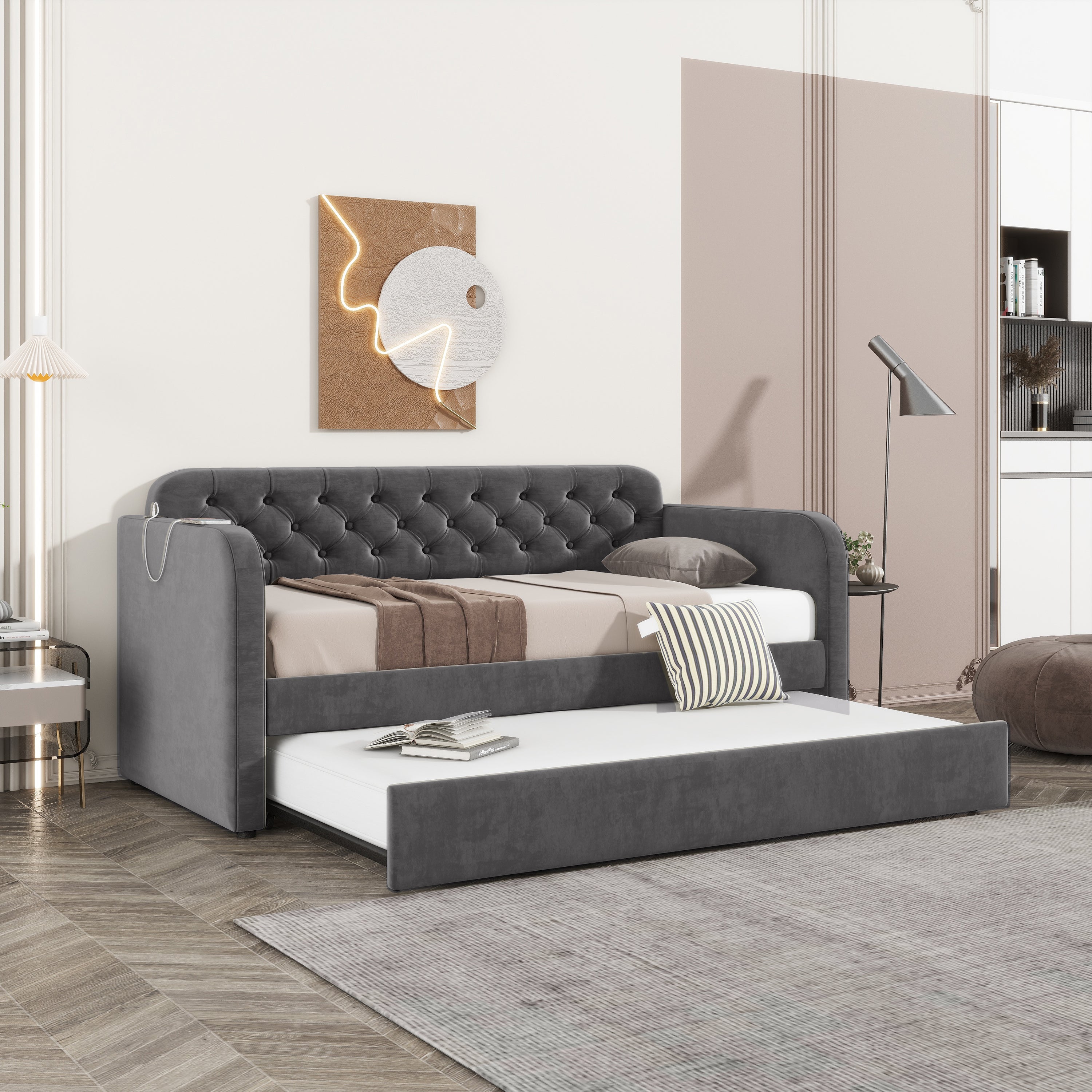 Twin Size Upholstered Daybed with Trundle and USB Charging