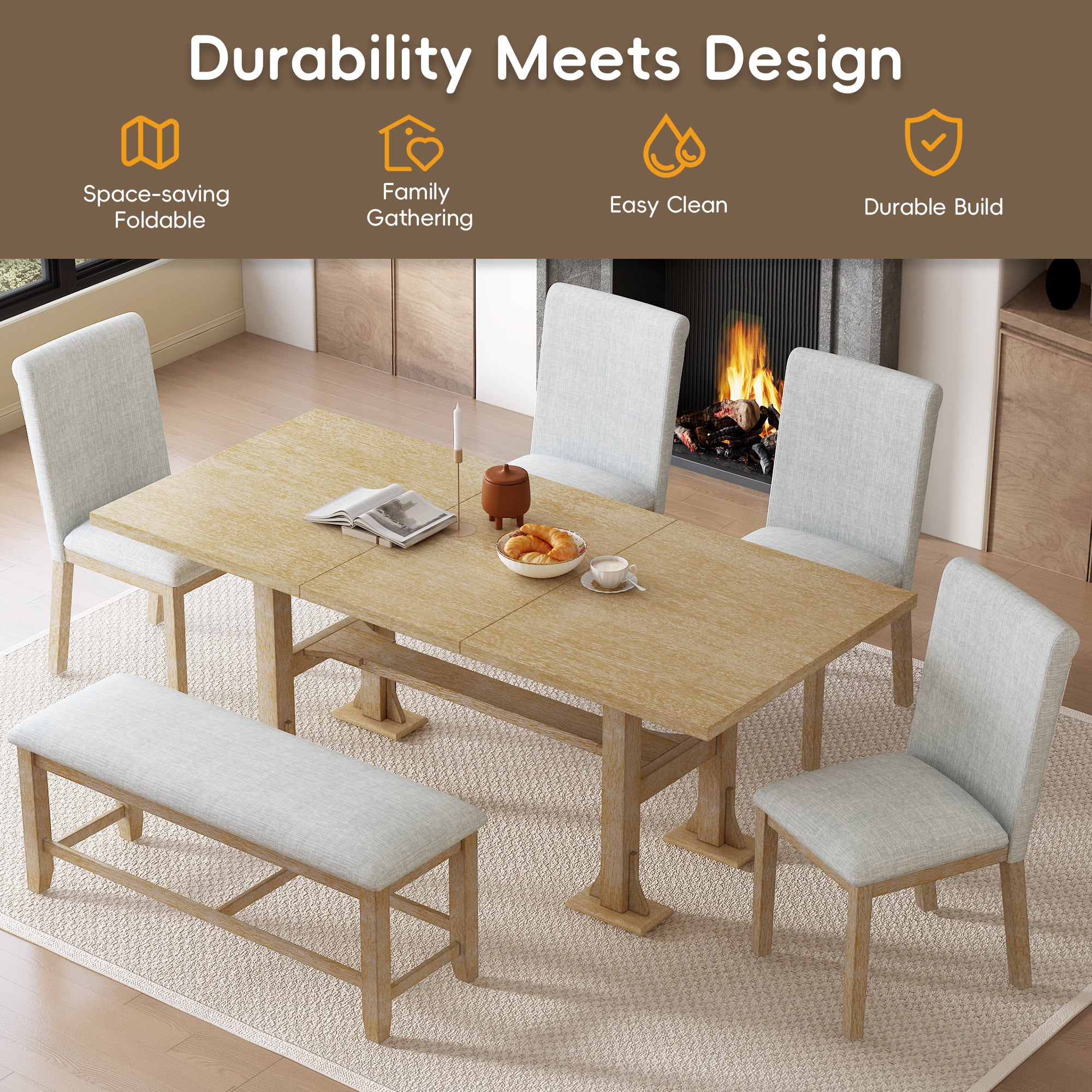 TOPMAX Farmhouse 76-Inch 6-Piece Extendable Dining Table Set