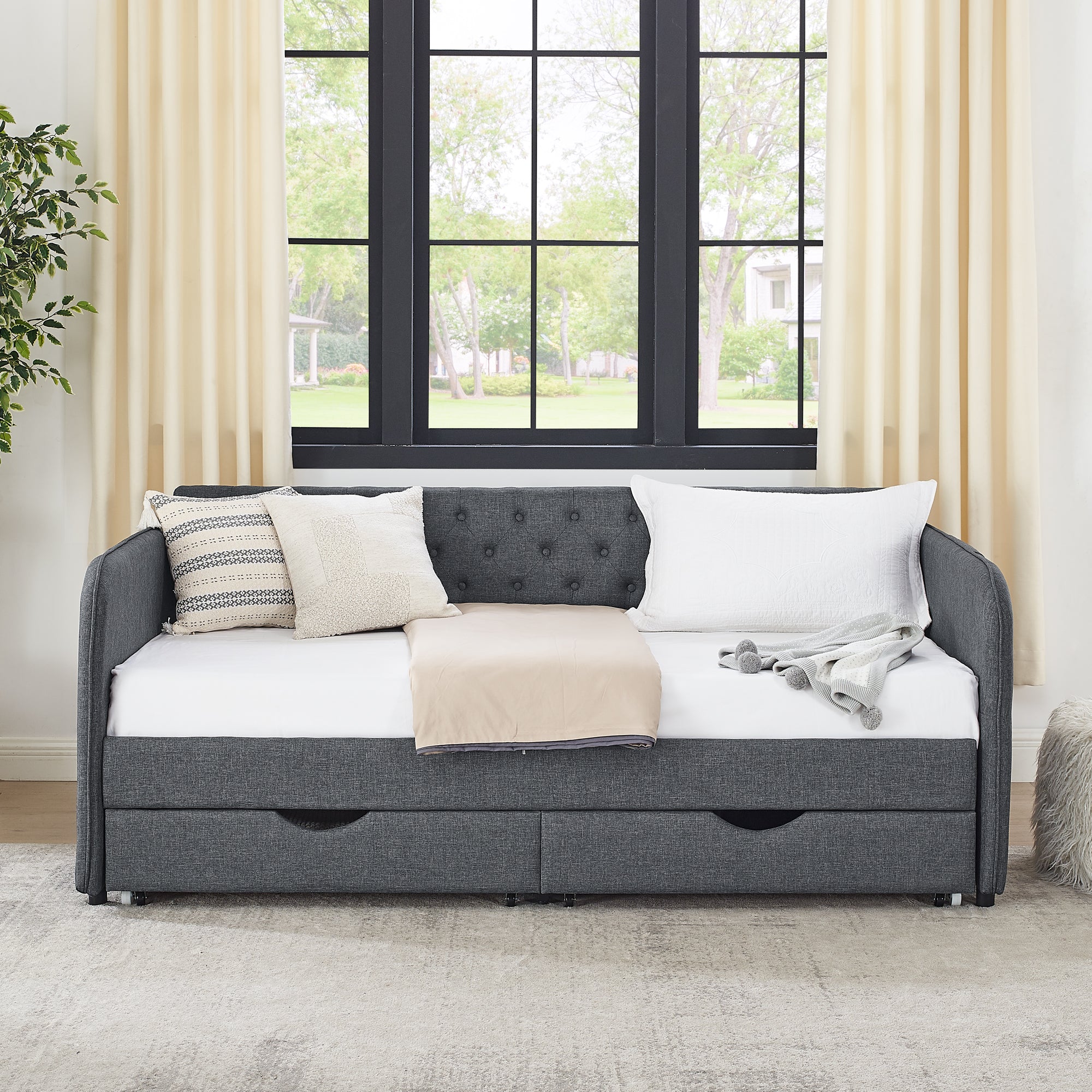 Twin Size Upholstery Daybed with Trundle Bed and Storage Drawers