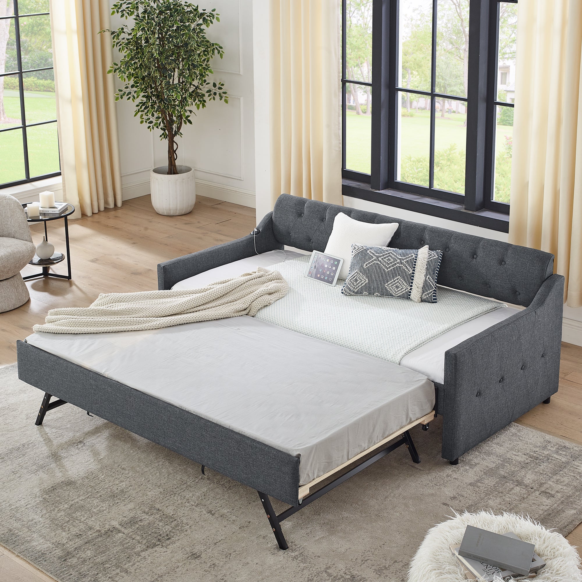 Twin Size Upholstery Daybed with Twin Size Erectable Trundle