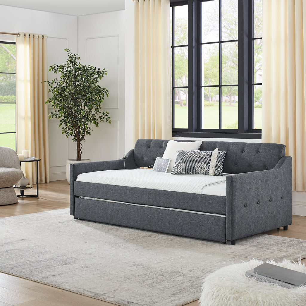 Twin Size Upholstery Daybed with Twin Size Erectable Trundle