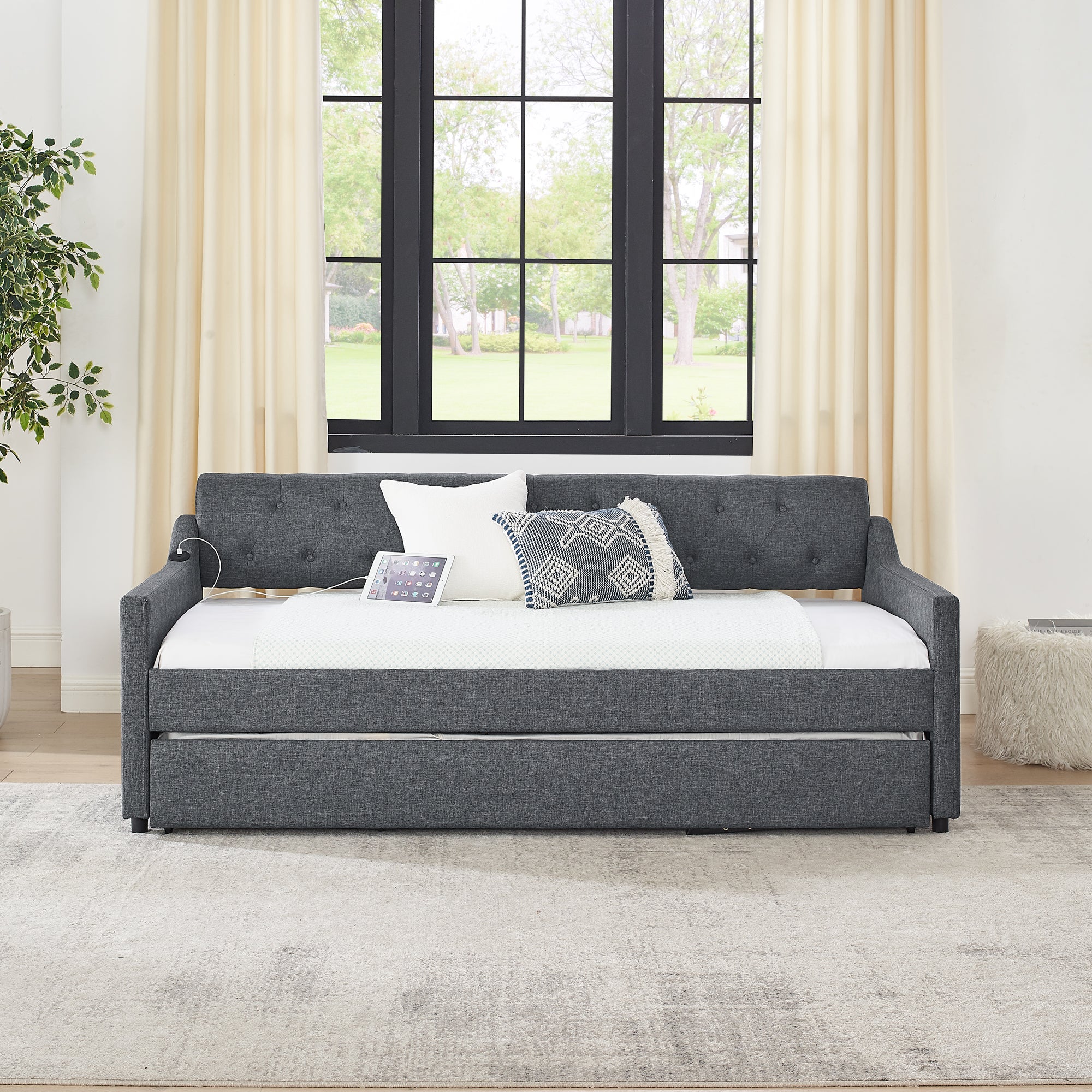 Twin Size Upholstery Daybed with Twin Size Erectable Trundle