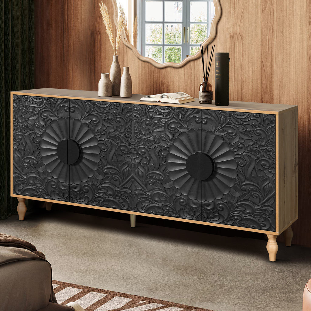 Black Carved Symmetrical Design TV Stand