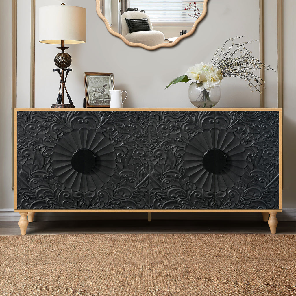 Black Carved Symmetrical Design TV Stand