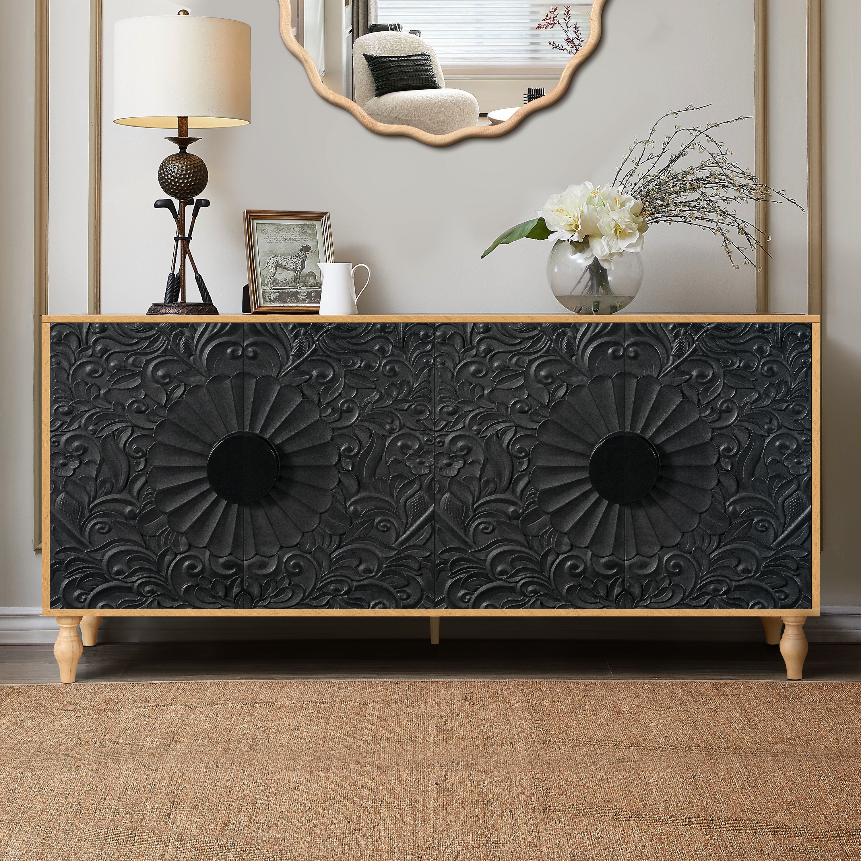 Black Carved Symmetrical Design TV Stand