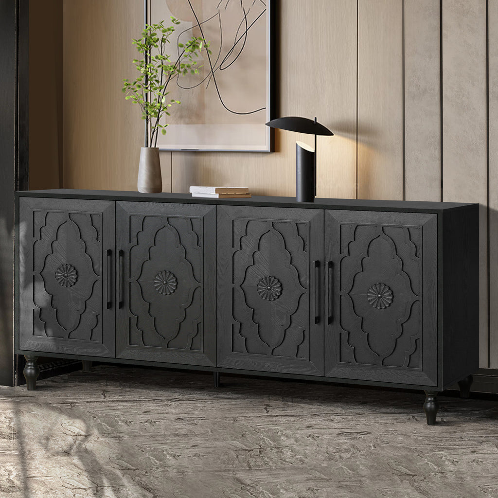 Carved Flower Door Large Storage Cabinet With Metal Handle