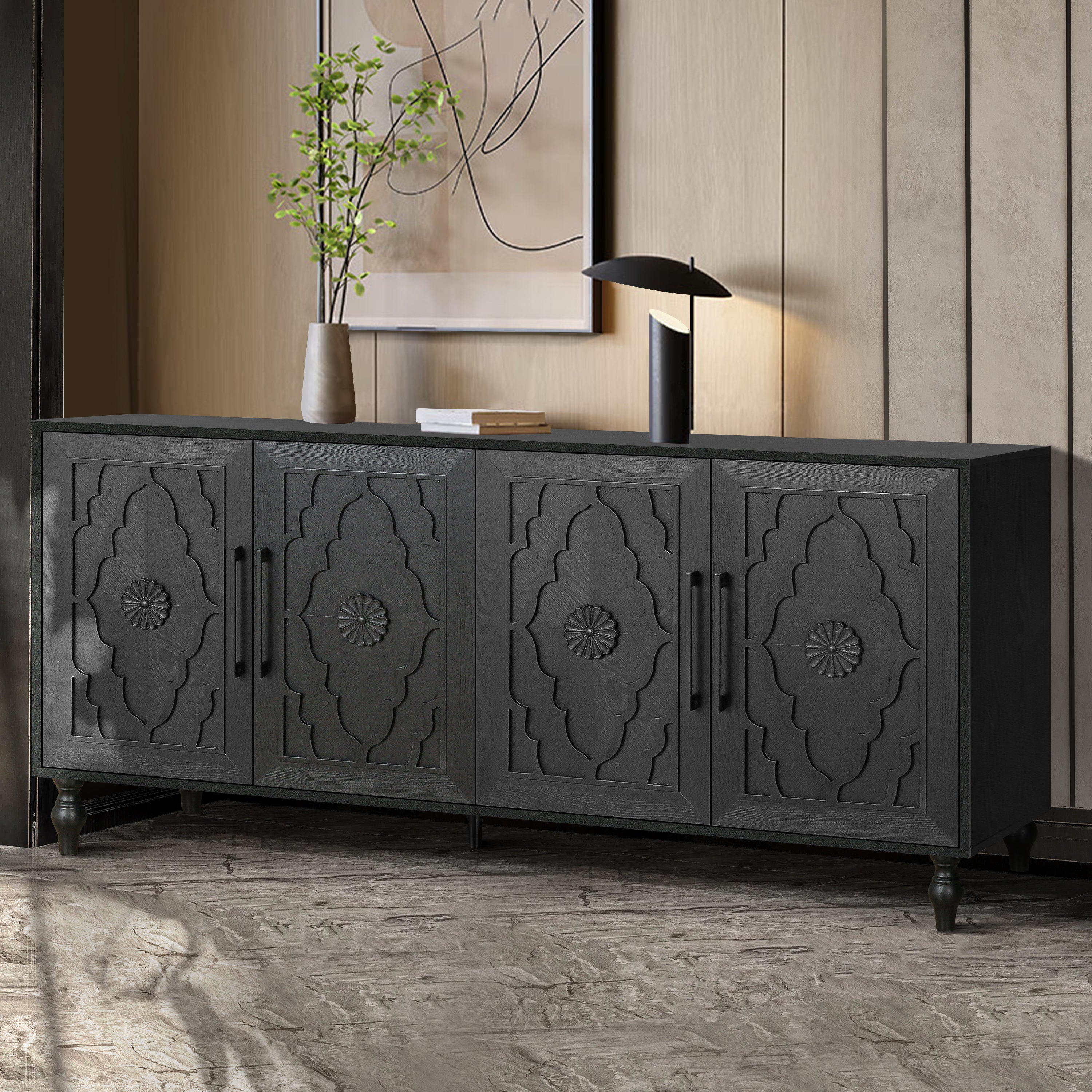 Carved Flower Door Large Storage Cabinet With Metal Handle