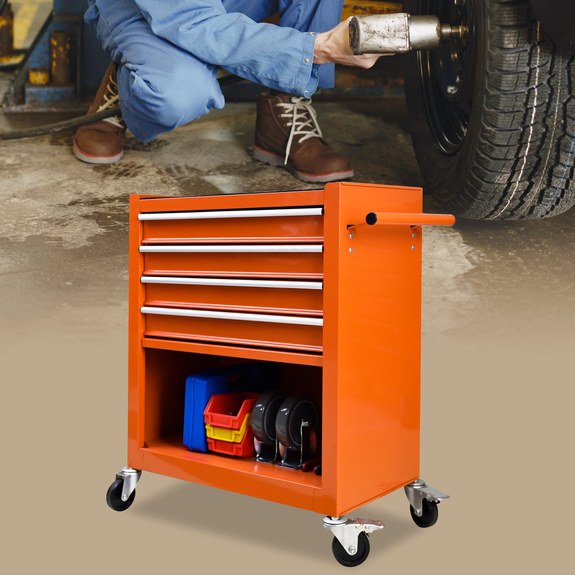 4 Drawers Multifunctional Tool Cart with Wheels - Orange
