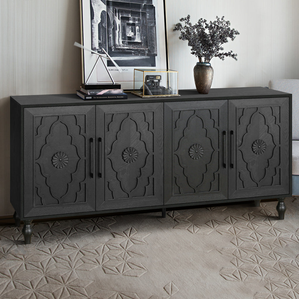 Carved Flower Door Large Storage Cabinet With Metal Handle