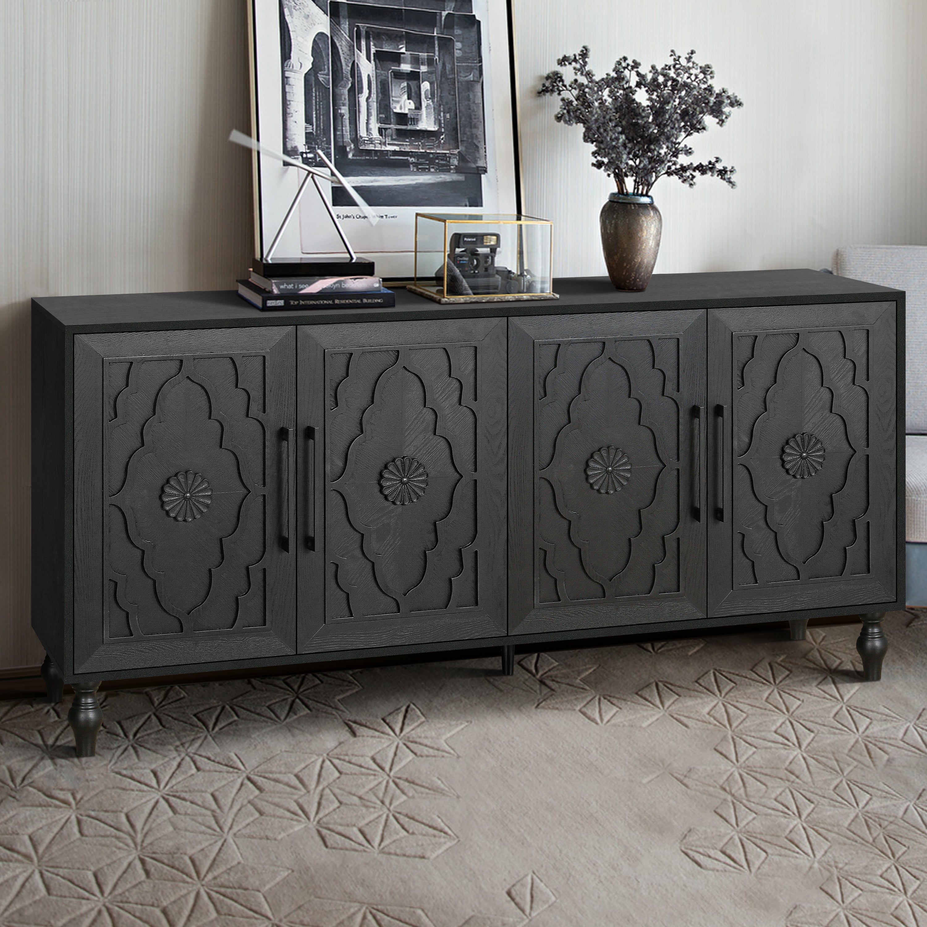 Carved Flower Door Large Storage Cabinet With Metal Handle