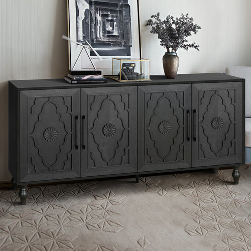 Carved Flower Door Large Storage Cabinet With Metal Handle