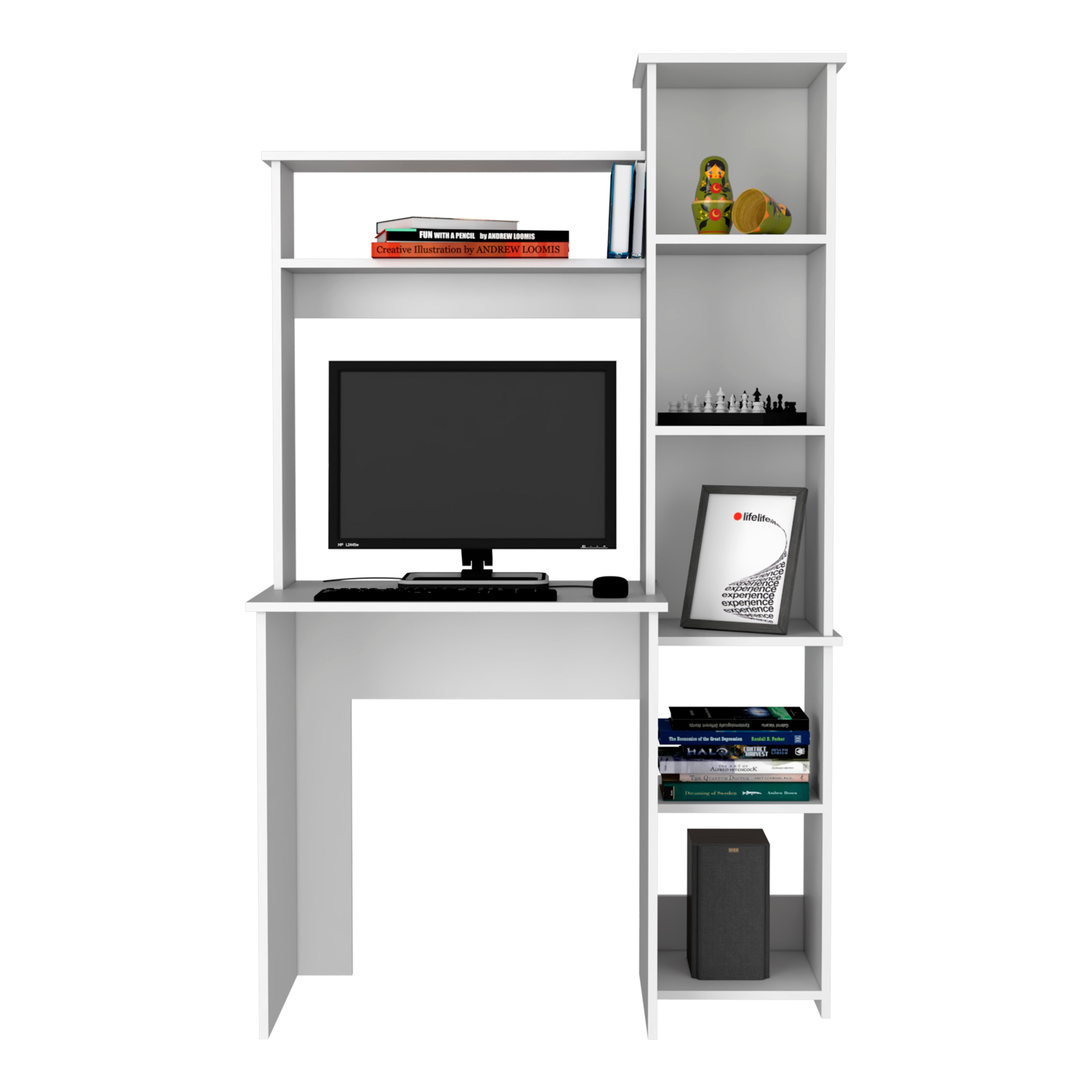 Versalles Writing Desk, Two Superior Shelves, Five Cubbies - White