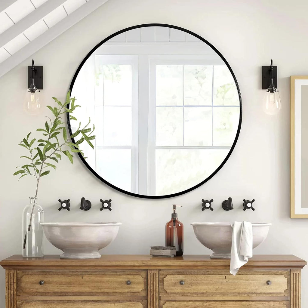42-Inch Round Bathroom Mirror, Black Aluminum Frame