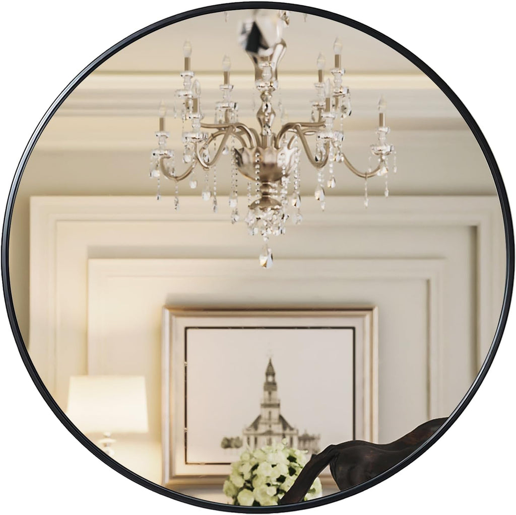 42-Inch Round Bathroom Mirror, Black Aluminum Frame