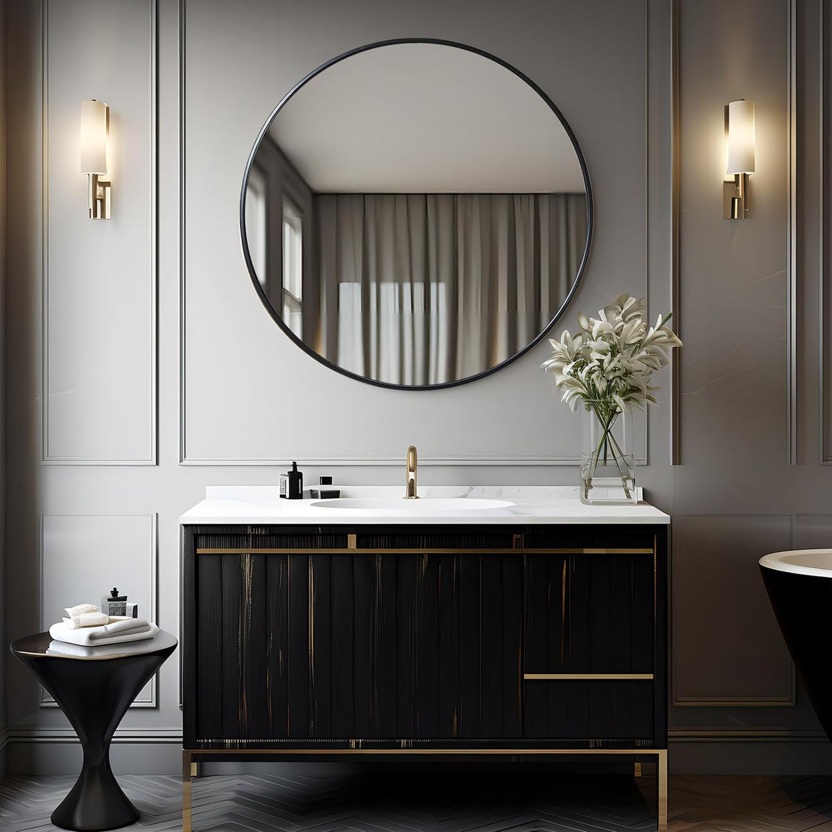 42-Inch Round Bathroom Mirror, Black Aluminum Frame