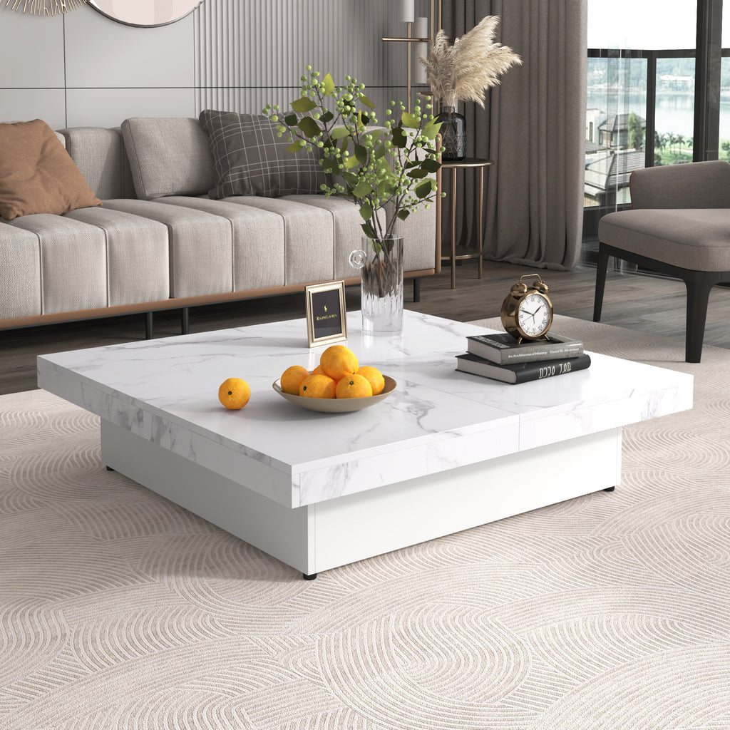 Square Marble Veneer Coffee Table Sliding Top with Storage