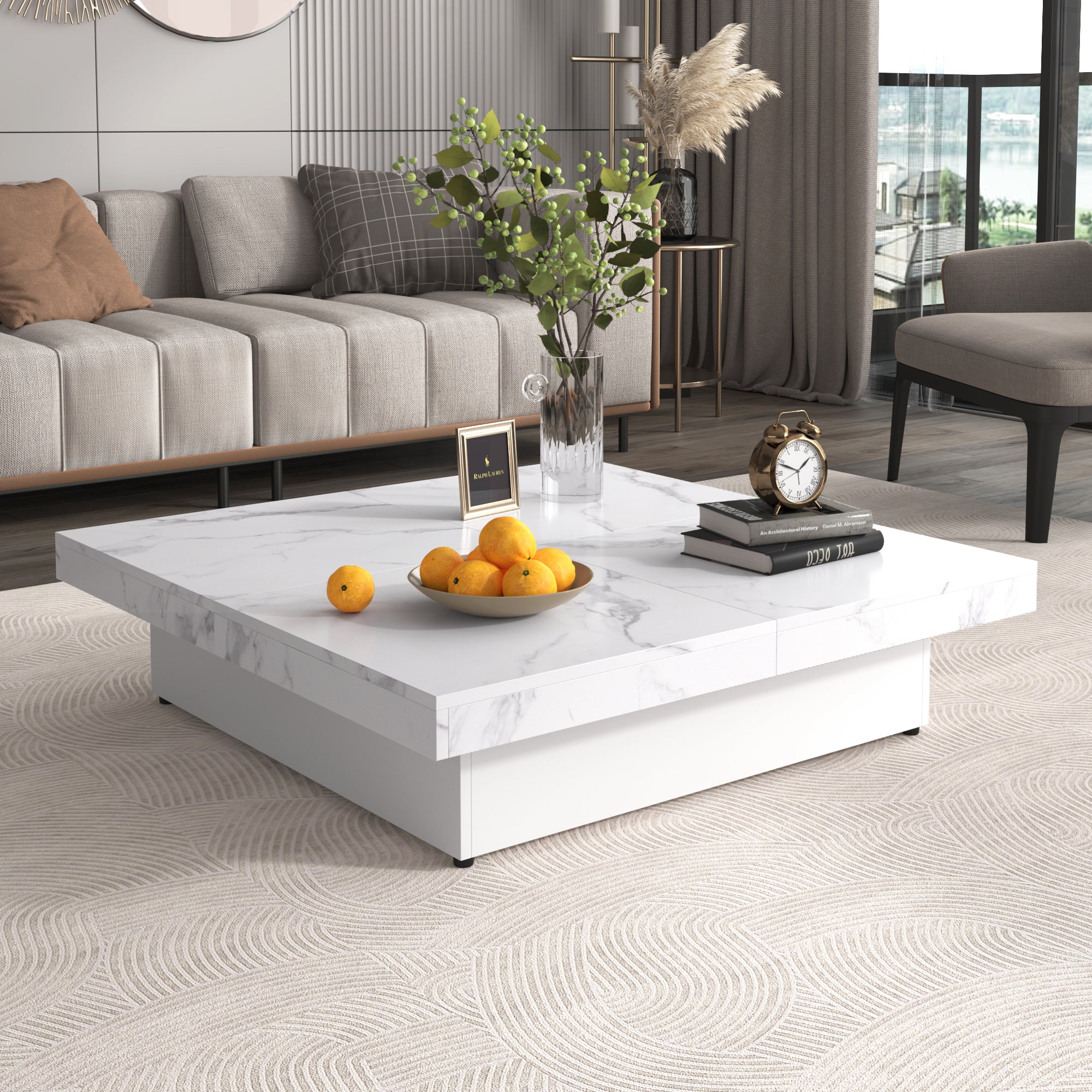Square Marble Veneer Coffee Table Sliding Top with Storage