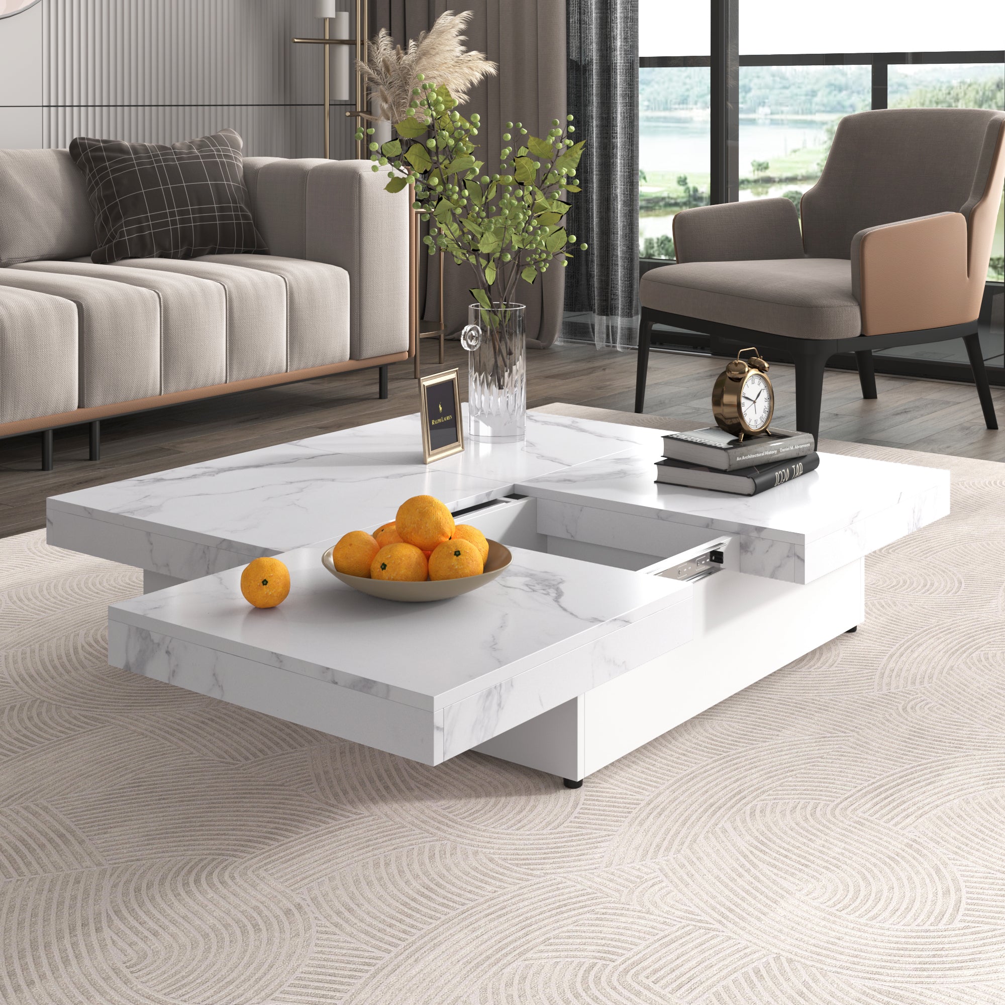 Square Marble Veneer Coffee Table Sliding Top with Storage