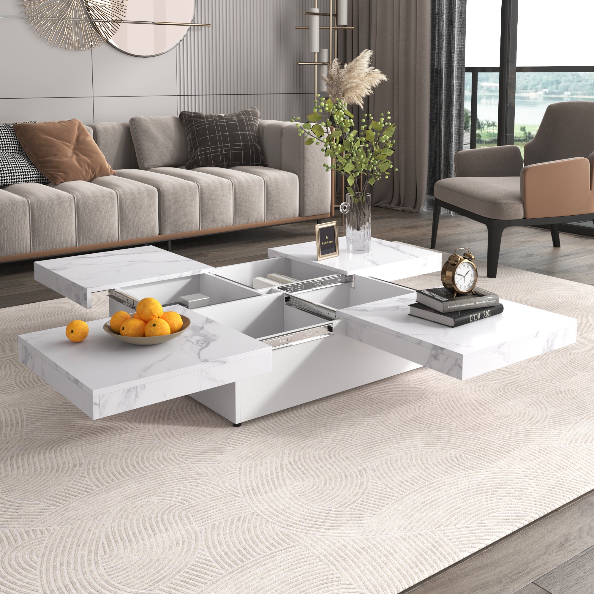 Square Marble Veneer Coffee Table Sliding Top with Storage