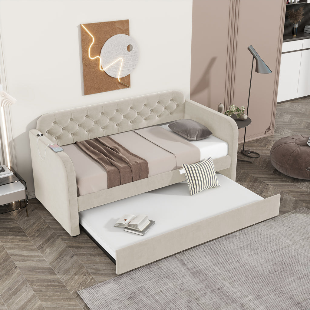 Twin Size Upholstered Daybed with Trundle and USB Charging