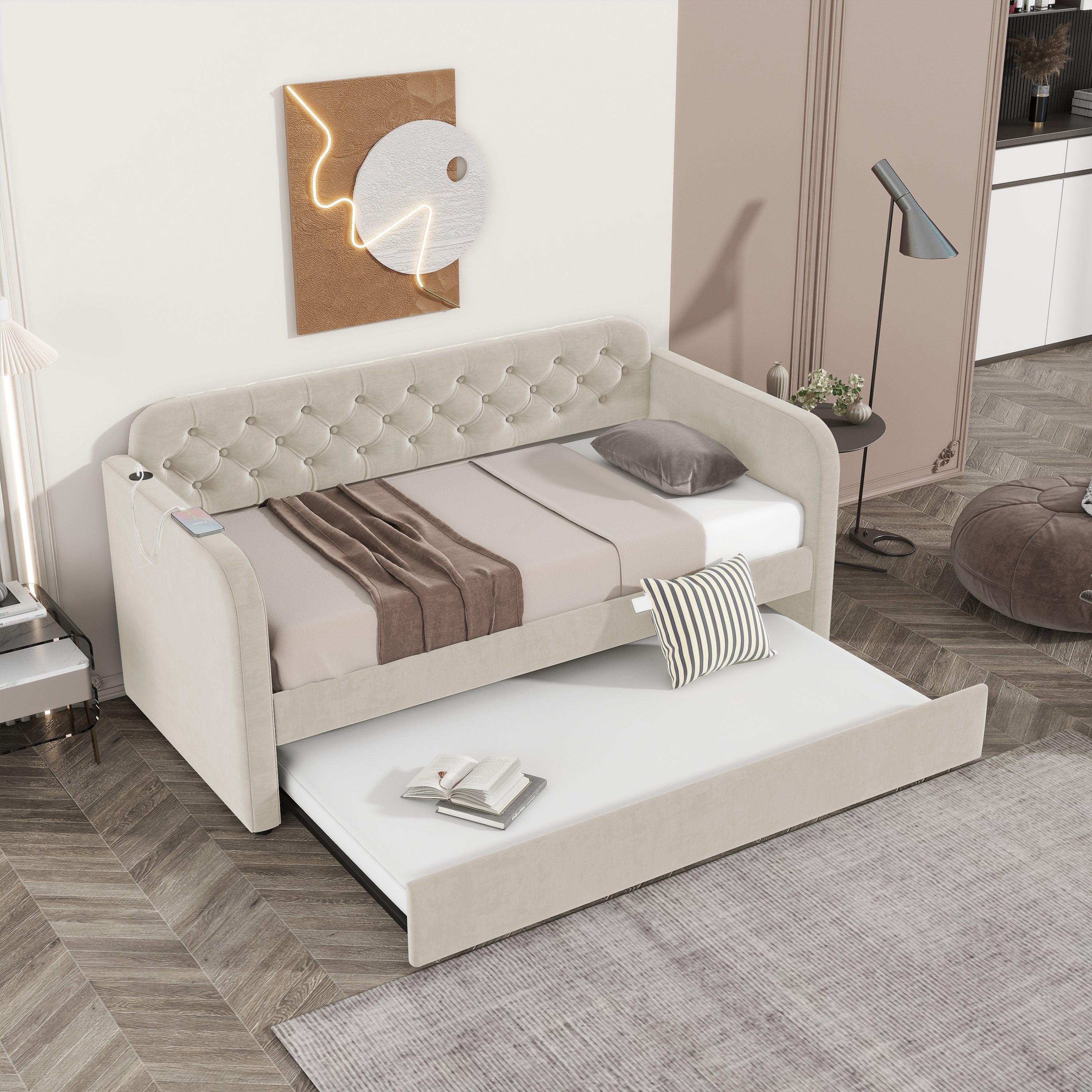 Twin Size Upholstered Daybed with Trundle and USB Charging