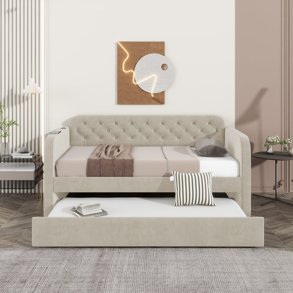 Twin Size Upholstered Daybed with Trundle and USB Charging