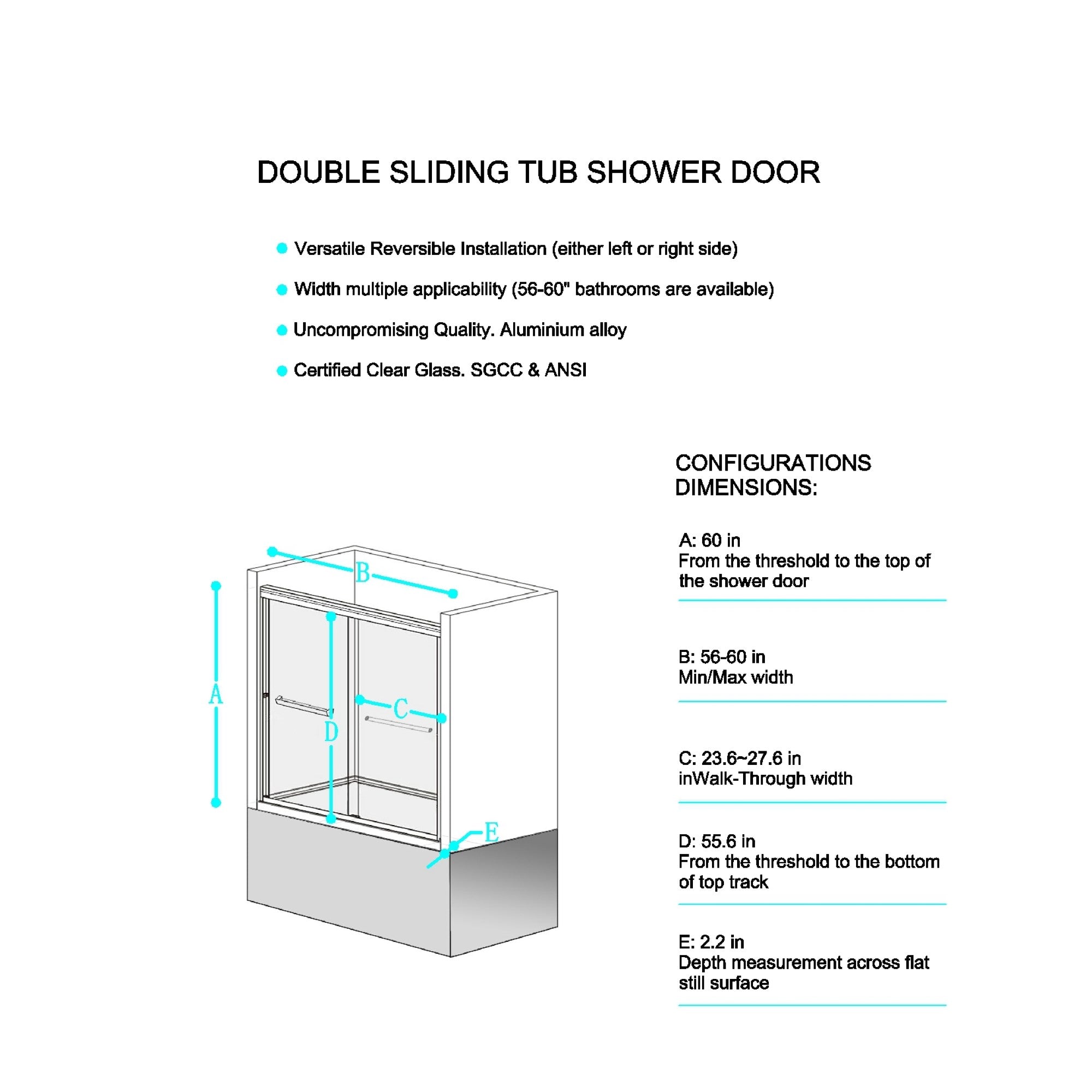 56-60"W x 60"H Double Sliding Tub Shower Door