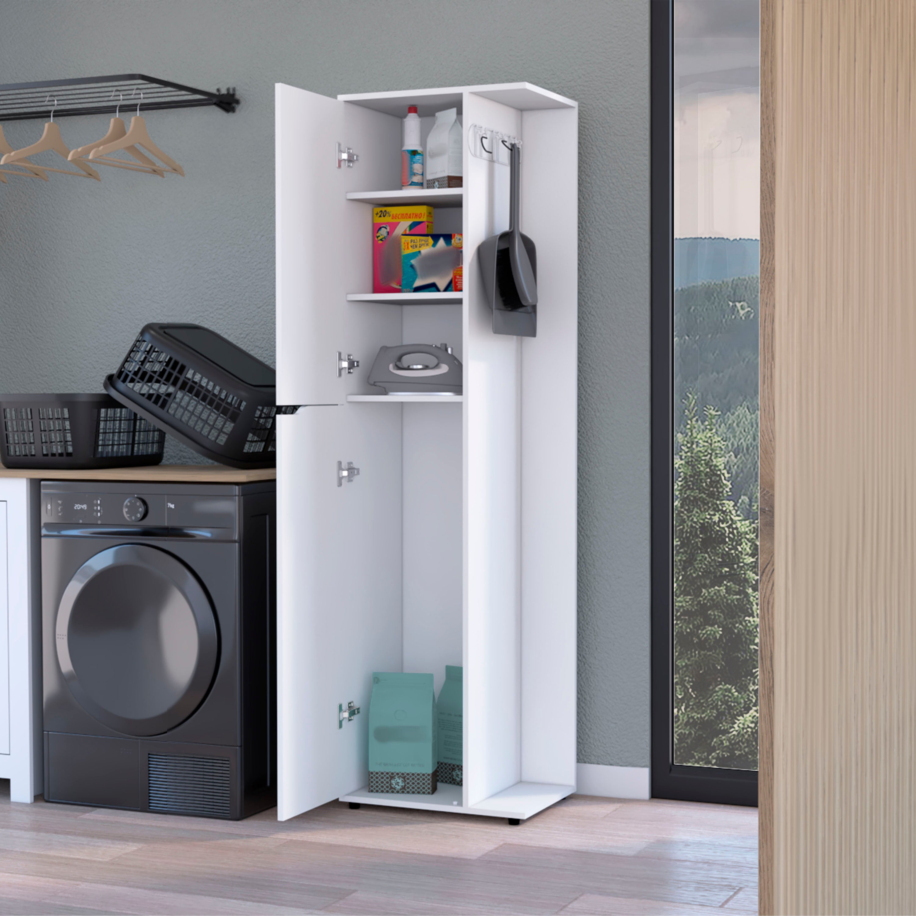 Harper Broom Cabinet With 2 Doors, 3 Shelves, And A Holder