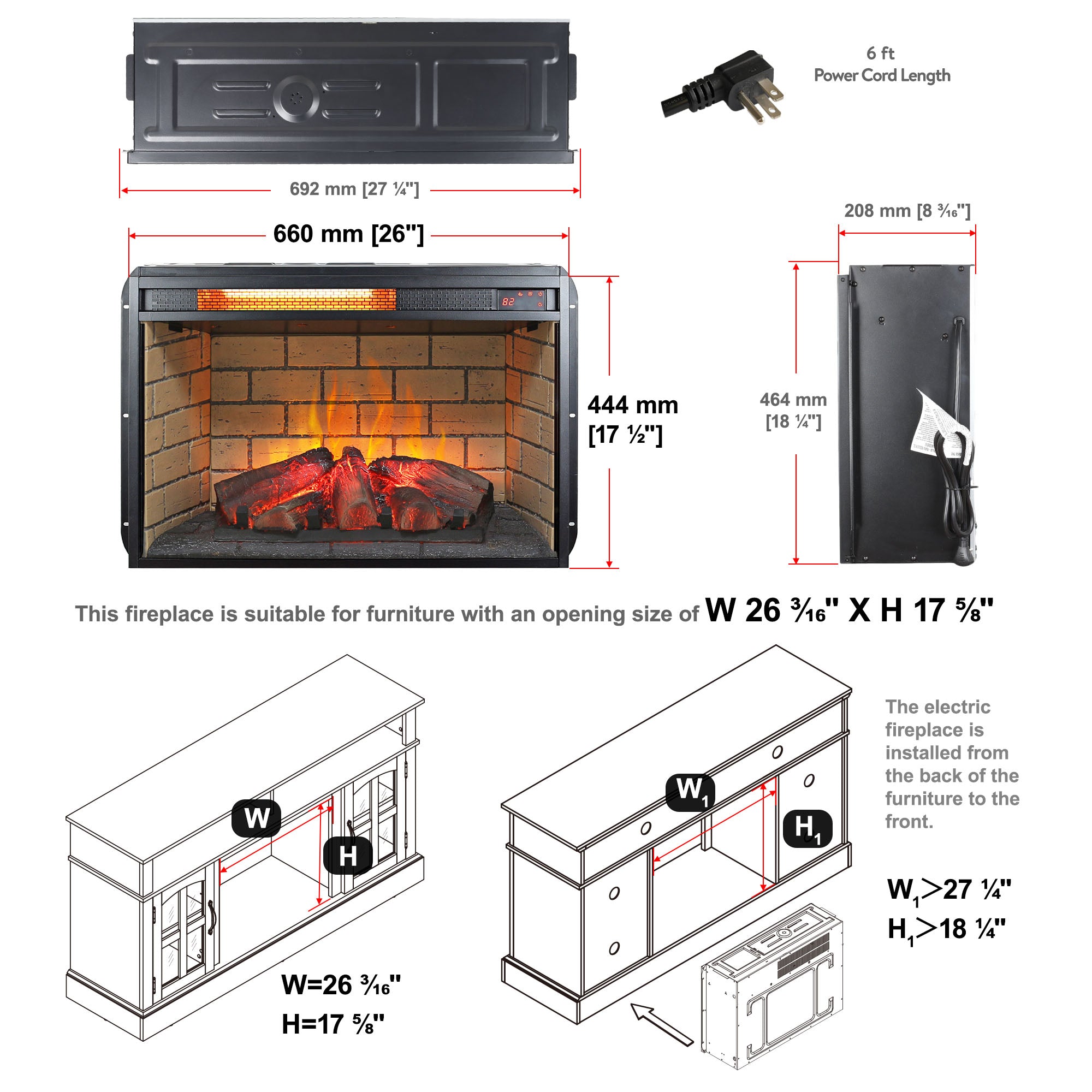 26 Inch Infrared Quartz Heater Fireplace Insert - Woodlog Version