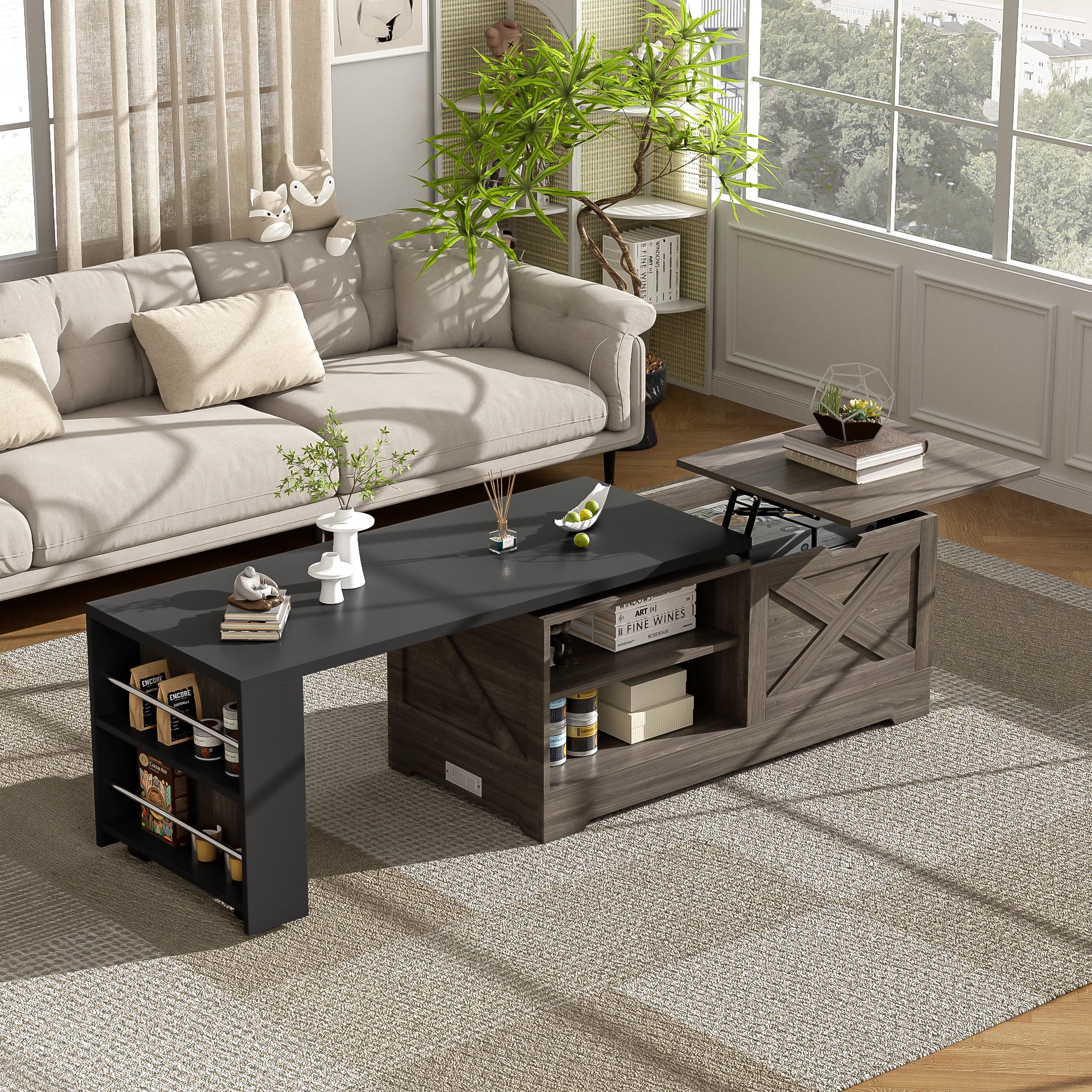 U-Can Farmhouse Lift Top Coffee Table With Barn Doors
