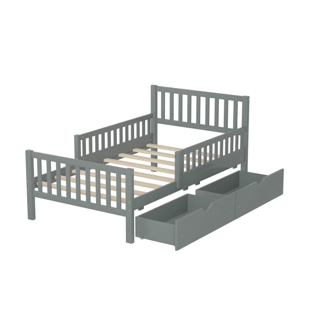 Twin Size Wood Platform Bed with Guardrails on Both Sides and Two Storage Drawers