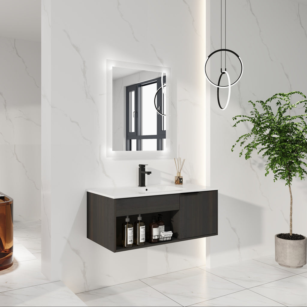 36" Wall-Mounted Floating Bathroom Vanity with Ceramic Sink – Modern Dark