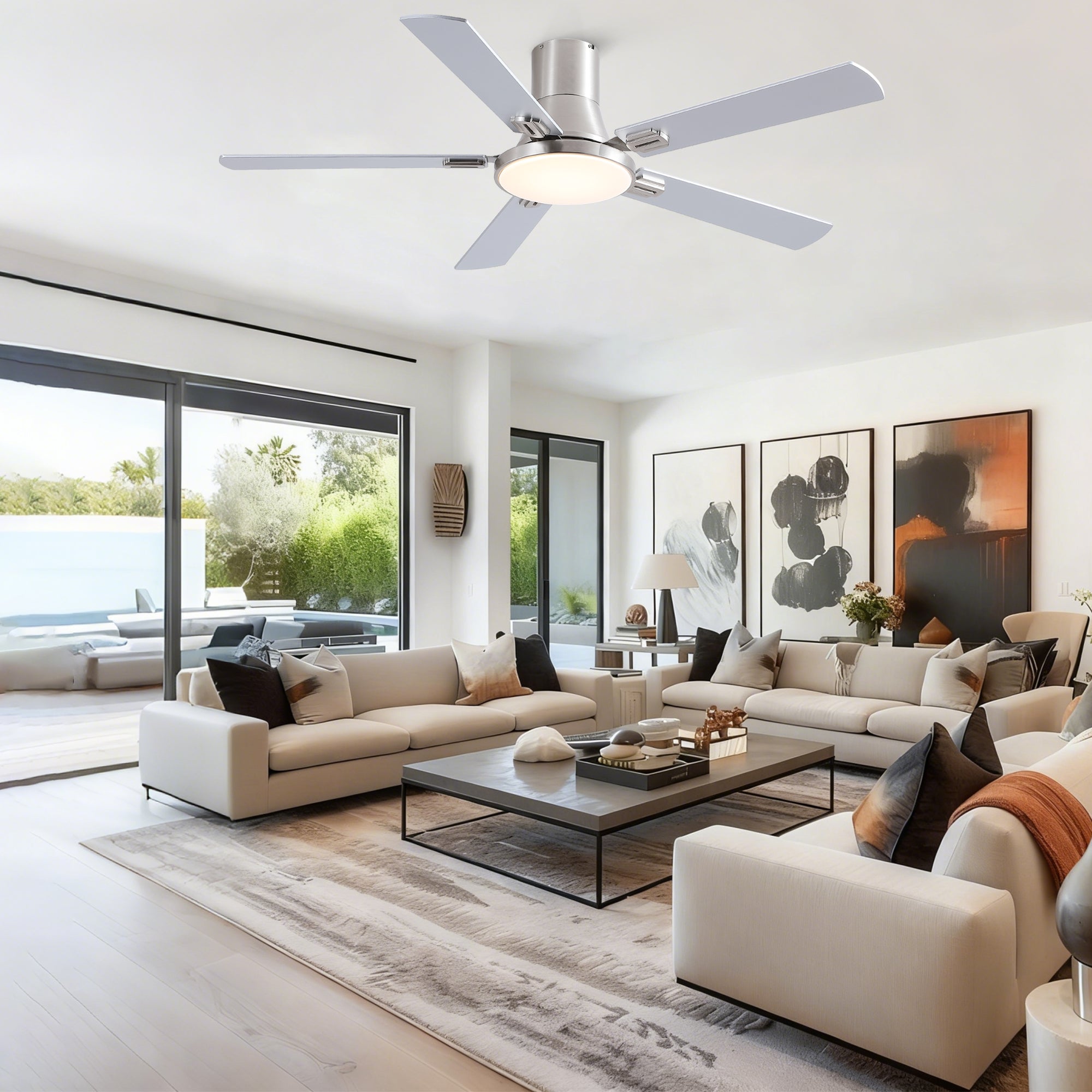 52 Inch Modern Brushed Nickel Flush Mount Ceiling Fan with Light and Remote Control