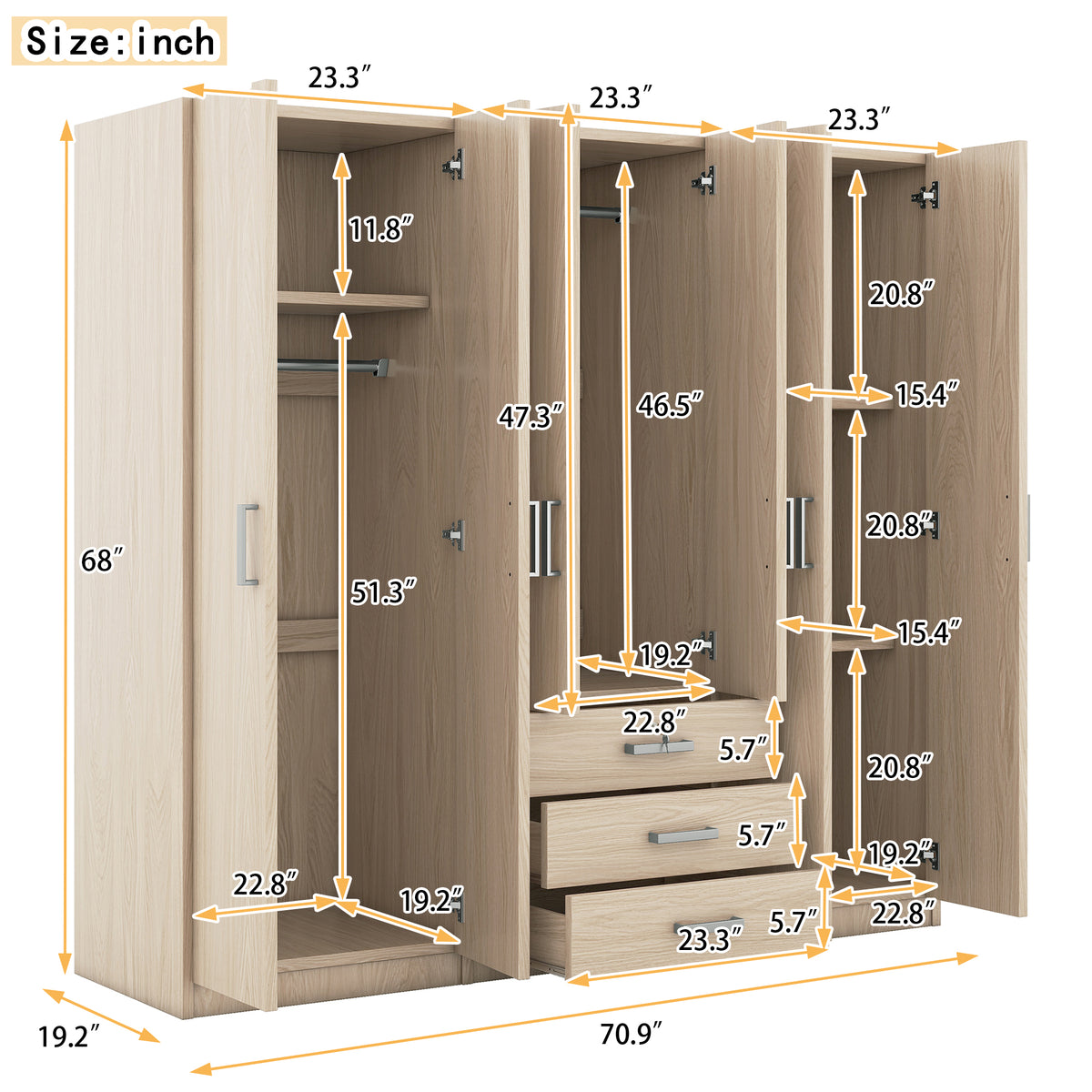 6-Doors Wooden Wardrobe Storage for Bedroom